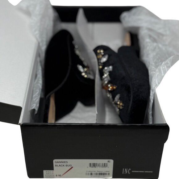 INC Black Bug Gannie 5 Velvet Rhinestone Dragonfly Bumblebee 8 Mules Flats READ - Picture 11 of 11